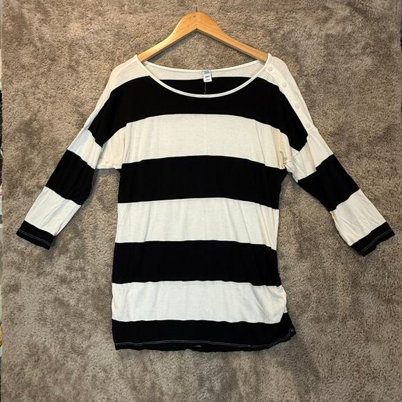 Old Navy Maternity Top Shirt Black White Stripe Button Shoulder Ruched Sides M - Picture 1 of 8